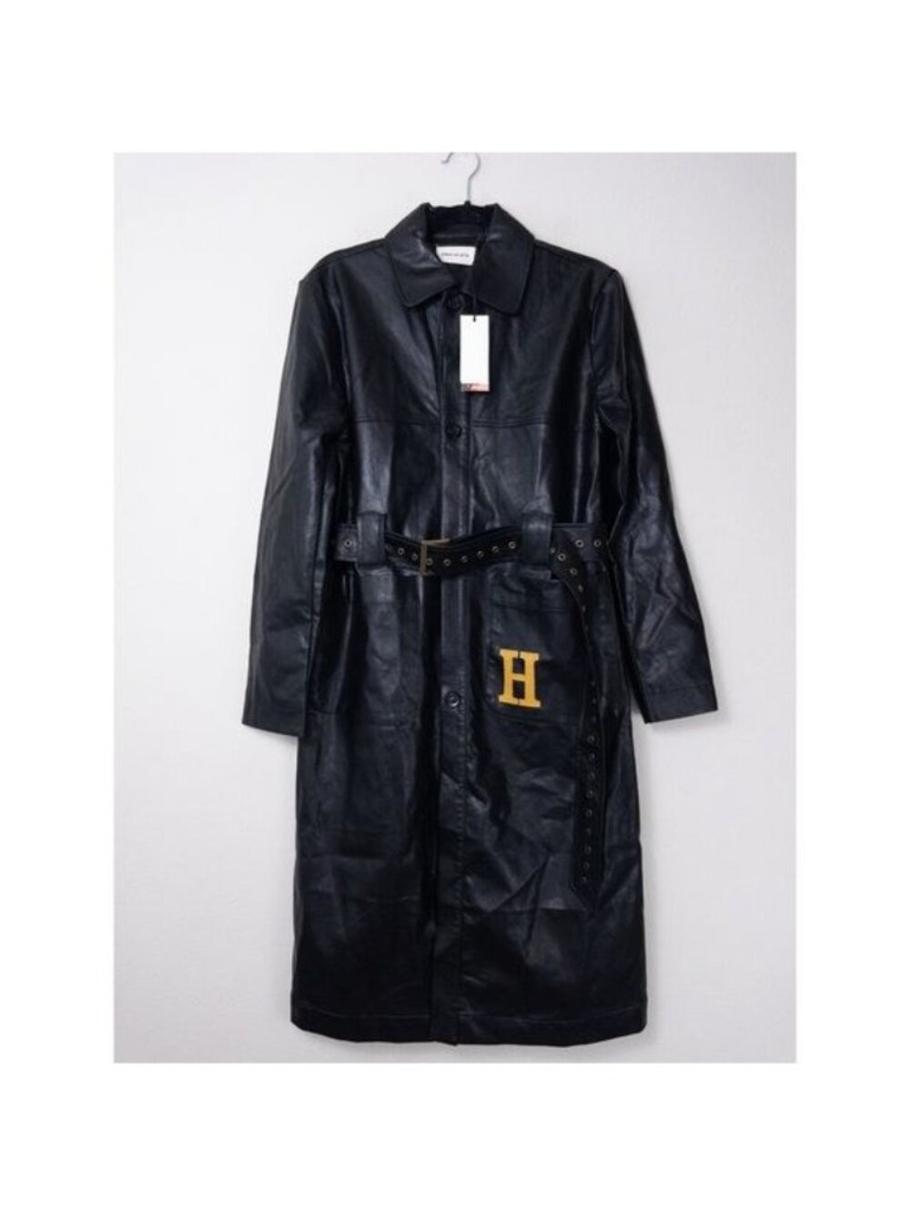 NWT Honor The Gift Vegan Leather Belted Trench Coat S Black Oversized Logo - Picture 7 of 15